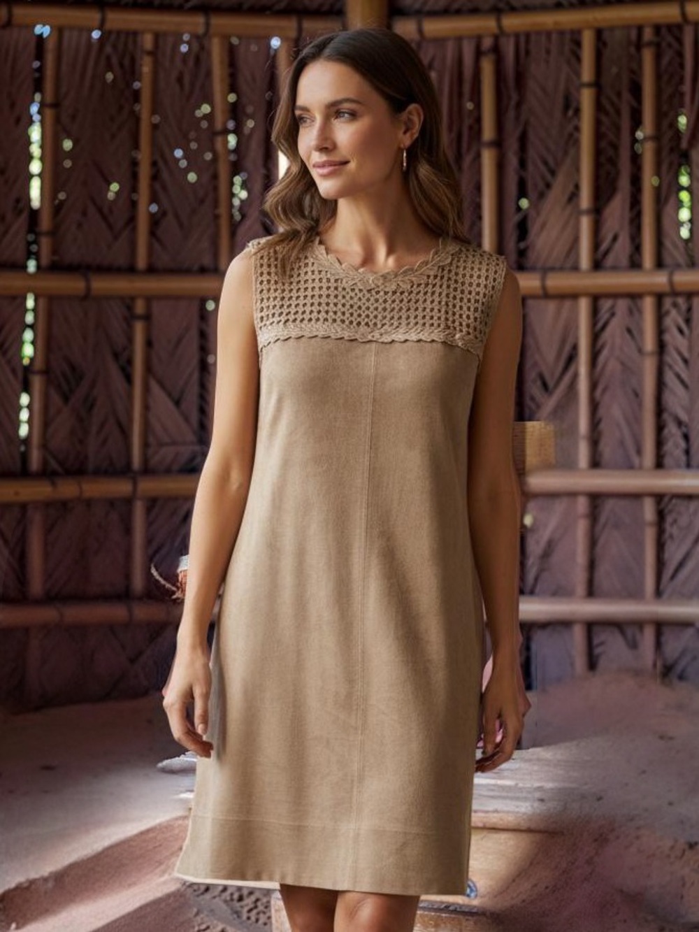 Faux Suede Dress with Decorative Latice Cutout Size Medium